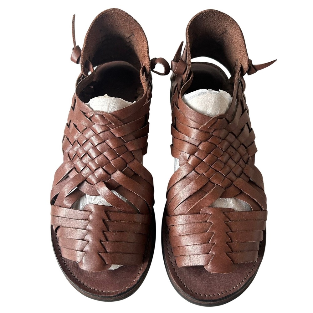 Espiritu Huarache Woven Leather Sandals 8 Tan Brown Ankle Tie Boho Flats Beach